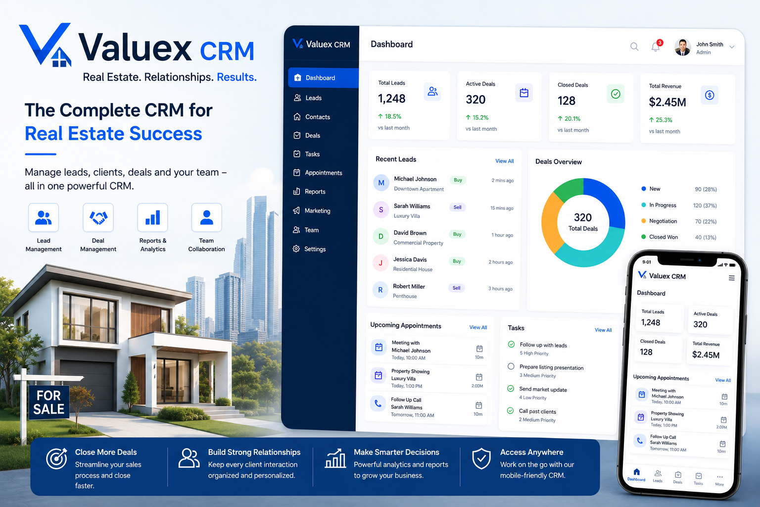 ValueX CRM dashboard for real estate lead and deal management